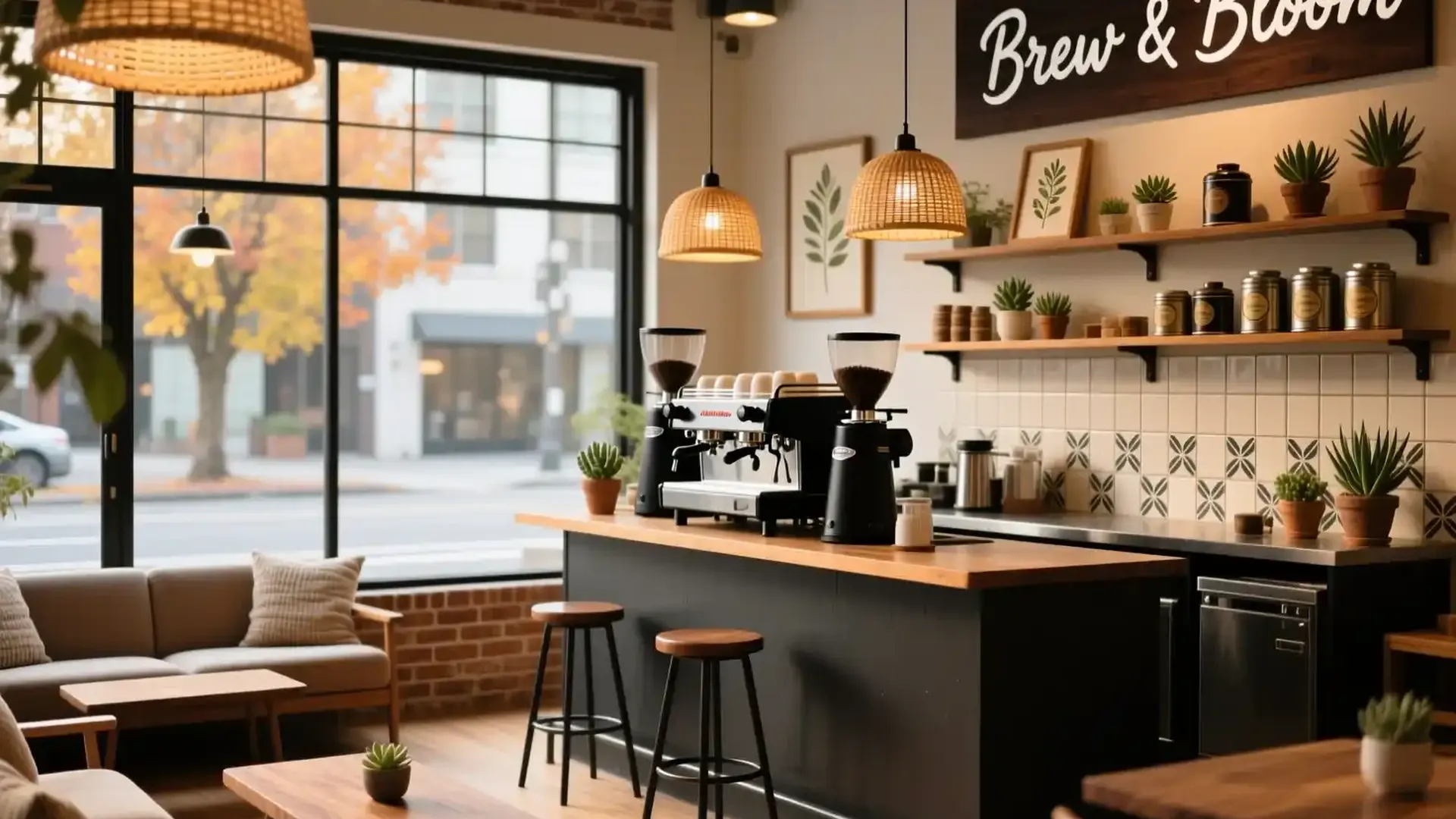 Warm minimalist interior of Brume coffee shop